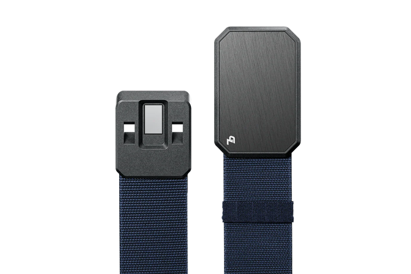 A blue belt with a solid gray buckle in the front