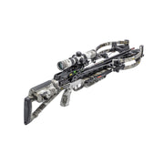 A crossbow with a mounted scope, featuring a black central body and gray and white camouflage stock, grip, and limbs, shown on a solid white background.