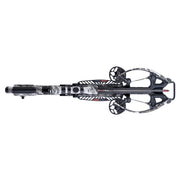 A crossbow with a black and gray camouflage pattern, shown from a side profile view against a solid white background.