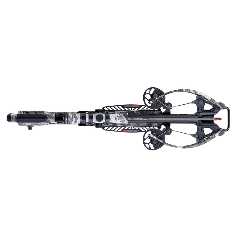 A crossbow with a black and gray camouflage pattern, shown from a side profile view against a solid white background.