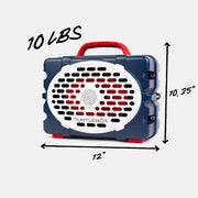 A blue and red speaker on a white background