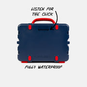 A blue speaker with red details from behind on a white background