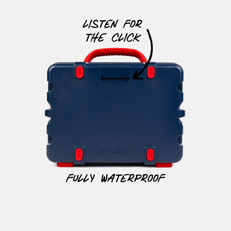 A blue speaker with red details from behind on a white background