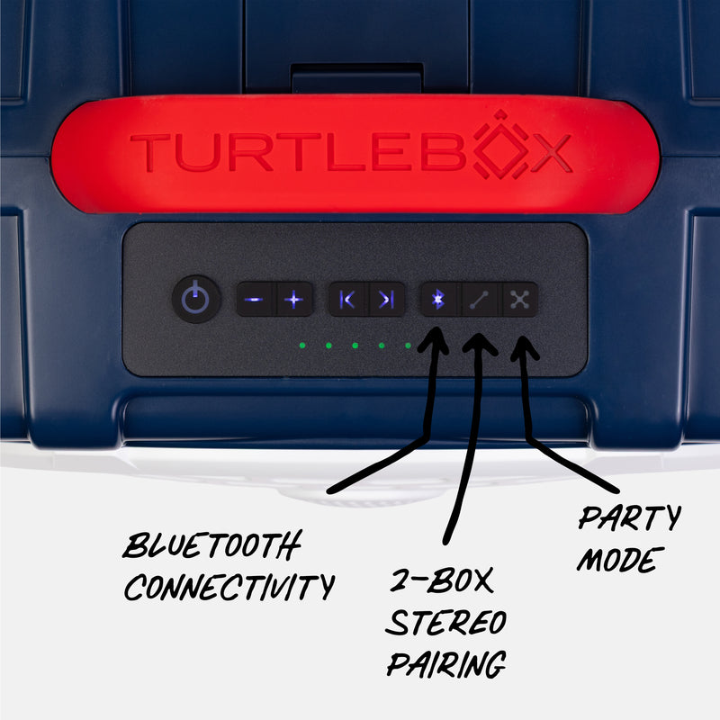 The buttons on a blue speaker on a white background