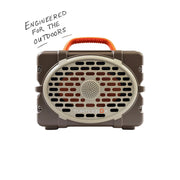 Portable brown and tan speaker with Turtlebox logo on a white background