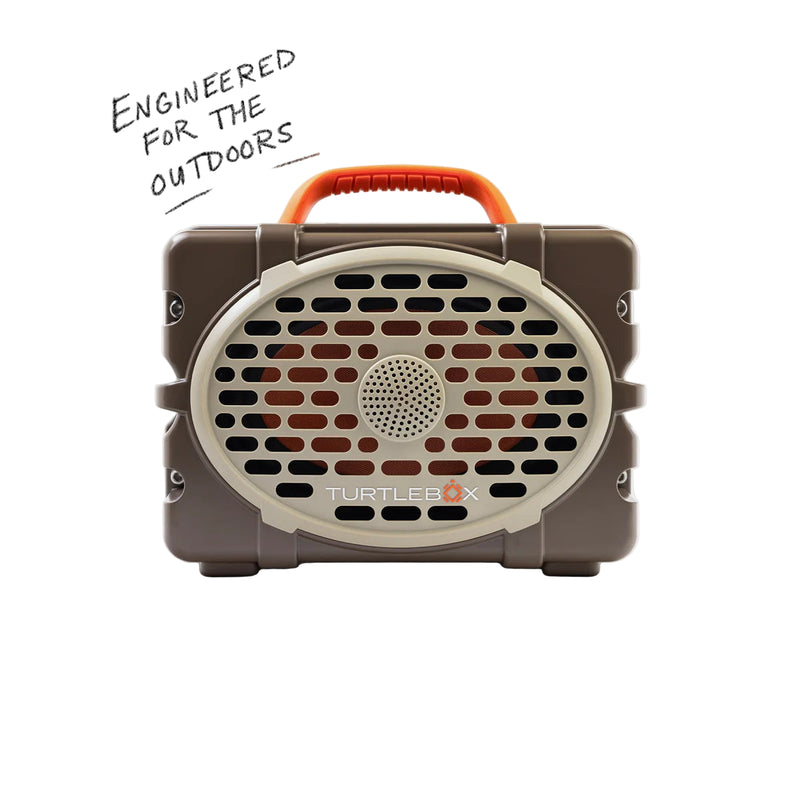 Portable brown and tan speaker with Turtlebox logo on a white background