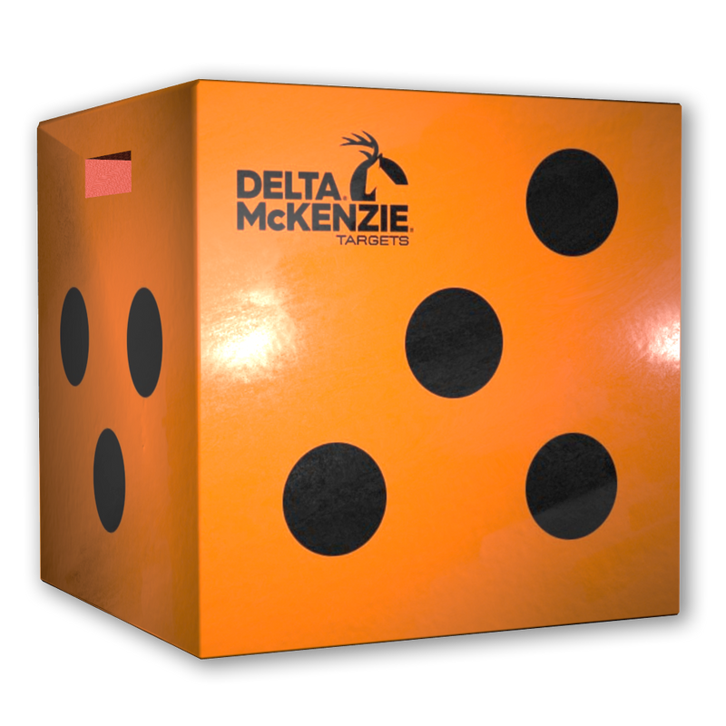Orange cube target with black circles and a Delta McKenzie logo against a white background. 