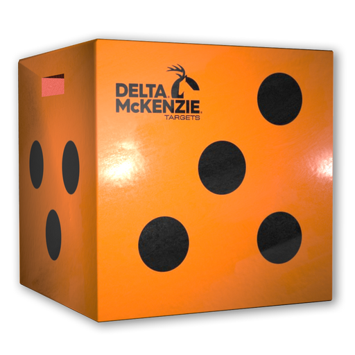 Orange cube target with black circles and a Delta McKenzie logo against a white background. 
