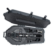 An open hard protective case with foam-lined compartments, shown on a white background. Inside shows a crossbow and accessories arranged in custom foam slots.