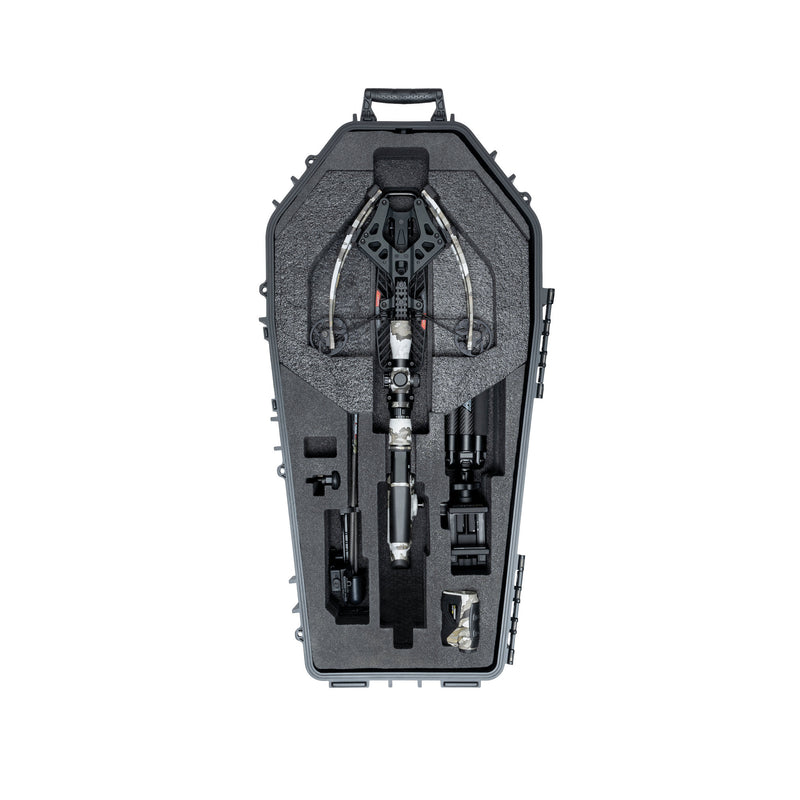 A black hard carrying case opened flat to reveal a crossbow and accessories neatly arranged in custom foam inserts, shown on a plain white background.