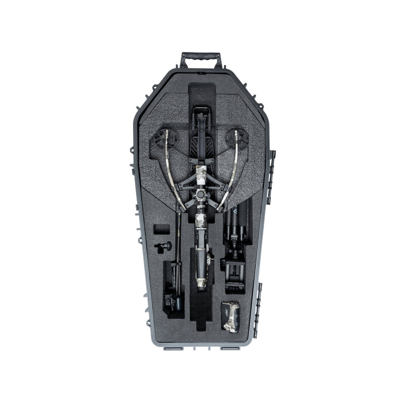 A black hard-shell carrying case with custom foam insert, shown from above on a white background. The case contains a mounted crossbow and several accessories arranged in the foam compartments.