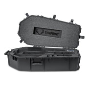 An open black hard protective case with custom gray foam padding inside, featuring a visible TENPOINT logo on the inner lid, shown on a white background.