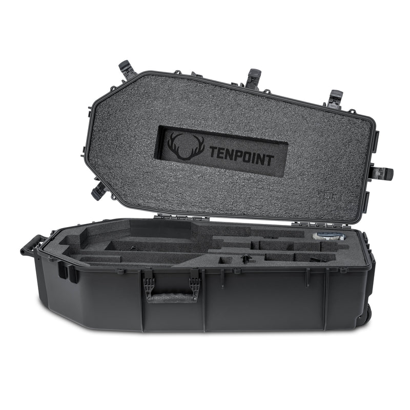 An open black hard protective case with custom gray foam padding inside, featuring a visible TENPOINT logo on the inner lid, shown on a white background.