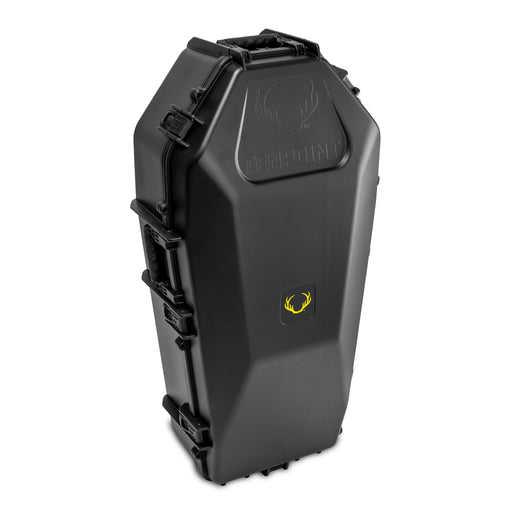 Black hard-shell case with a brand logo on a white background