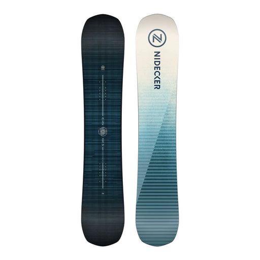 Top and bottom view of a snowboard against a white background. The top is black with a blue accent and the bottom is light blue with a white accent at the top. 