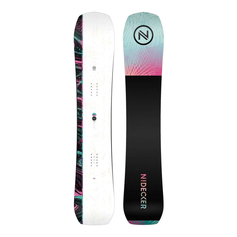 Top and bottom view of a snowboard against a white background. The top is white with black, teal, and pink accents and the bottom is black with a blue and pink design towards the top and a colorful Nidecker logo towards the bottom.