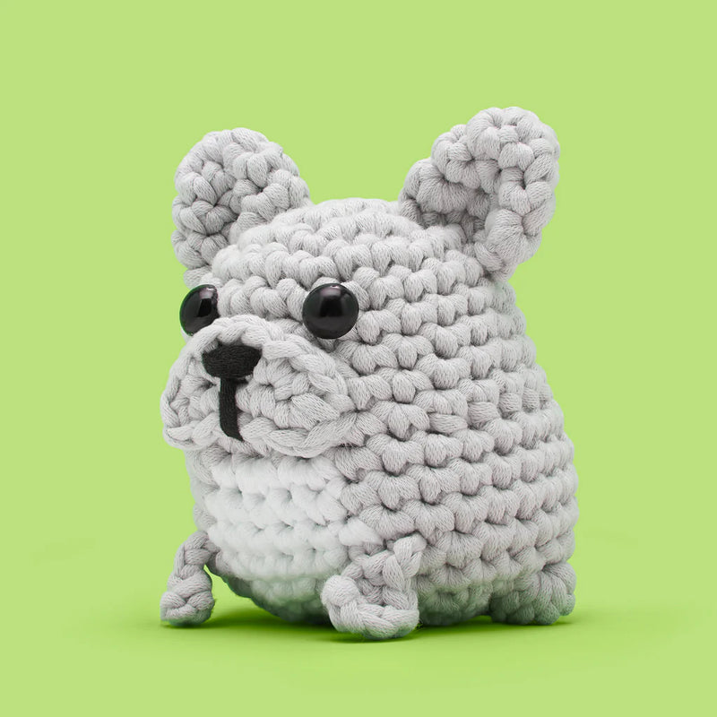 Crocheted dog toy on a green background