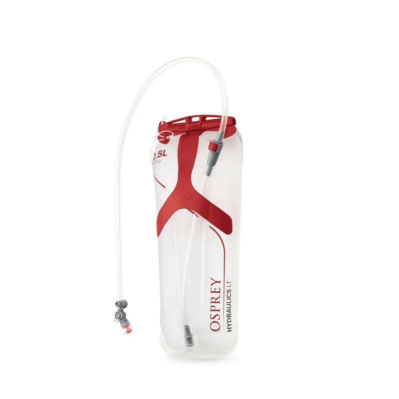 Red water bottle with a tube on a white background.