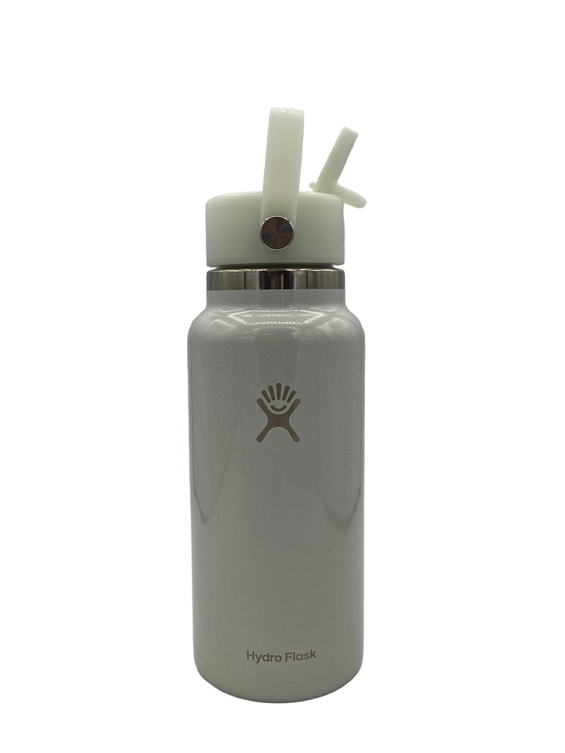 Pale blue iridescent shimmer water bottle with a visible brand logo on a white background