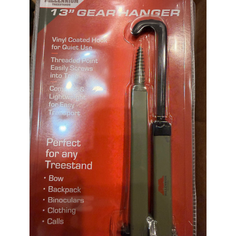 A 13-inch gear hanger hook tool in its original red retail packaging, featuring a threaded point for tree stand screws.