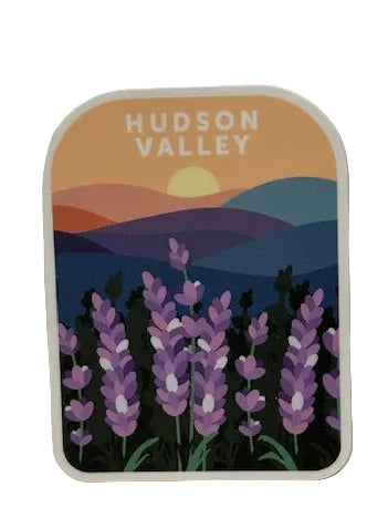 Sticker with 'Hudson Valley' design featuring purple flowers on a beige surface