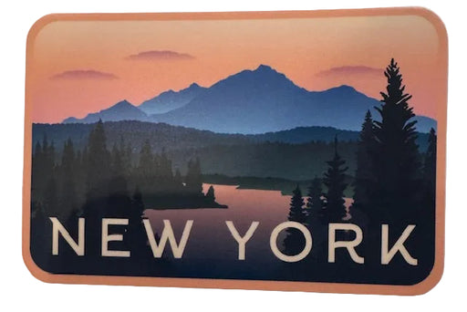 Sticker with a mountain and lake design and 'New York' text on a peach border.