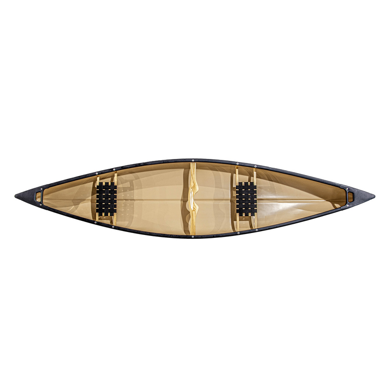 Top down view of a canoe with seats and a yoke on a white background.