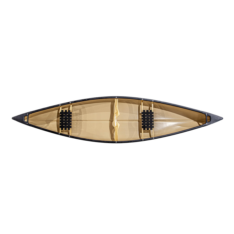 Top view of a canoe with seats and a yoke installed on a white background.
