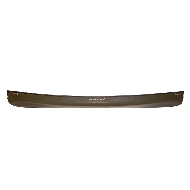 Side view of a brown canoe on a white background.