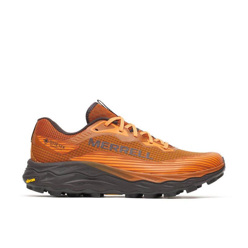 Orange and black sneaker on a white background.