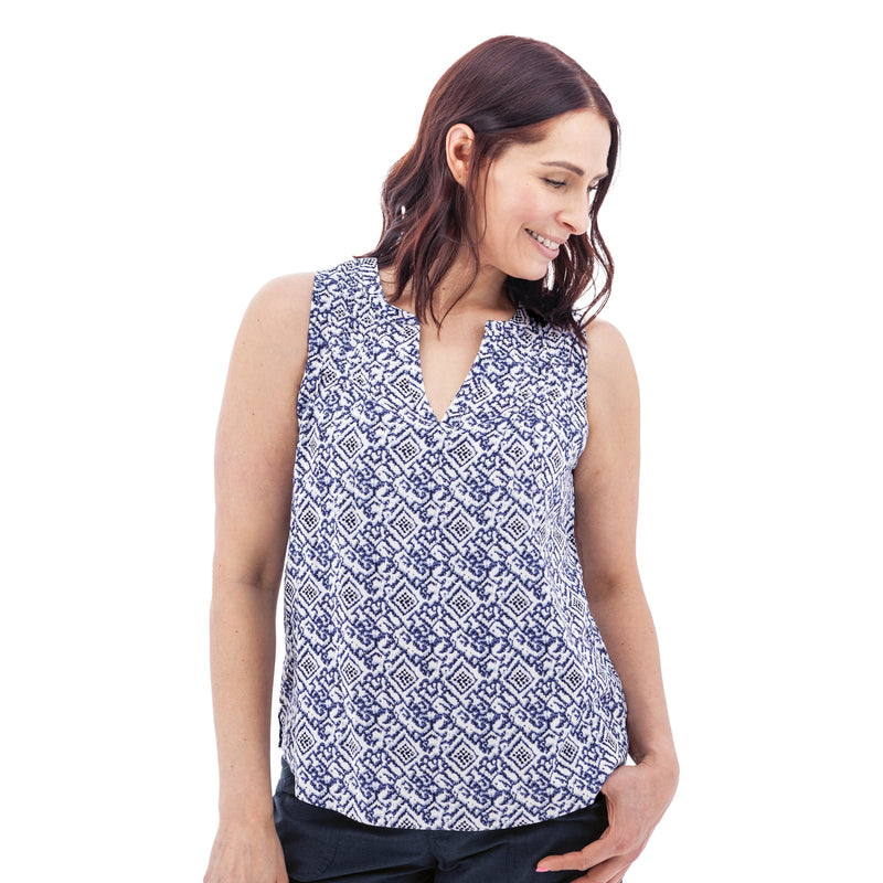 Women's Portofino Split Neck Pintuck Tank Top | Sky Captain