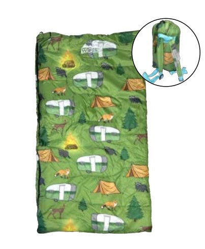 Green kid's sleeping bag with a design featuring tents and campers against a white background. 