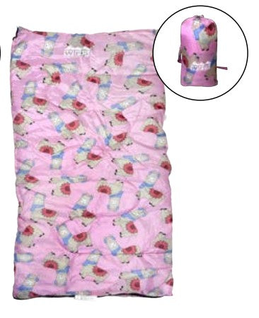 Pink kid's sleeping bag with a design featuring white unicorns against a white background. 