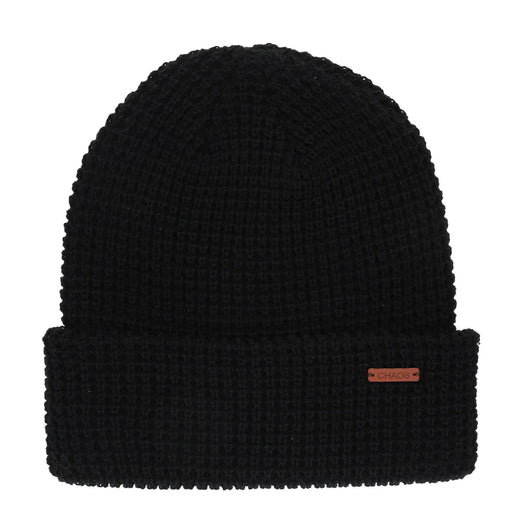 Black beanie against a white background. 