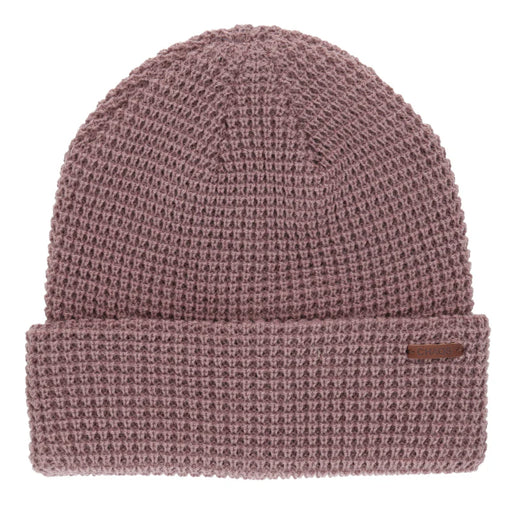 Pink knit beanie against a white background. 