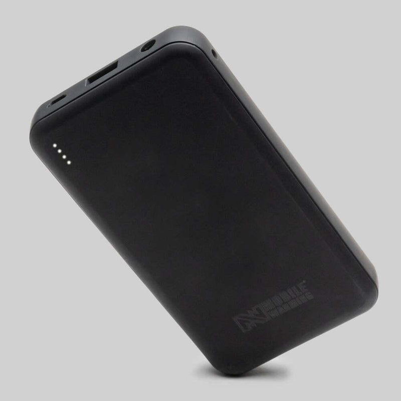 Black portable battery pack on a gray background