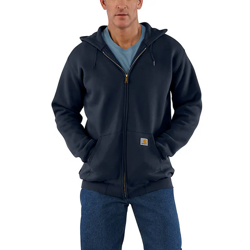 Man wearing a navy blue hoodie with a visible brand logo on a white background