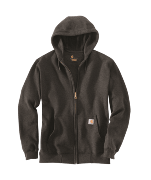 A gray zip up hoodie on a white background