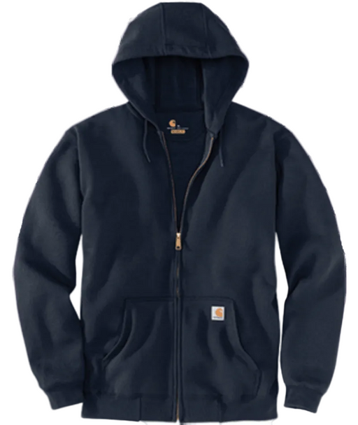 A navy blue full-zip hooded sweatshirt with a drawstring hood, kangaroo pockets, and a small Carhartt logo patch on the chest, shown against a solid green background.