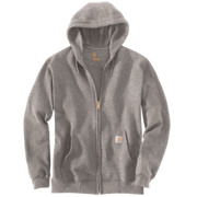 A gray full-zip hoodie with a drawstring hood, kangaroo pockets, and a small orange Carhartt logo patch on the front pocket, shown against a plain white background.