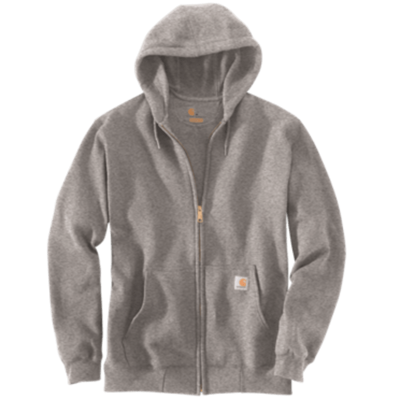 A gray full-zip hoodie with a drawstring hood, kangaroo pockets, and a small orange Carhartt logo patch on the front pocket, shown against a plain white background.