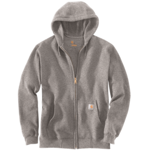 A gray full-zip hoodie with a drawstring hood, kangaroo pockets, and a small orange Carhartt logo patch on the front pocket, shown against a plain white background.