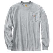 Heather gray colored long sleeve shirt with a chest pocket against a white background. The chest pocket has a Carhartt logo on it. 