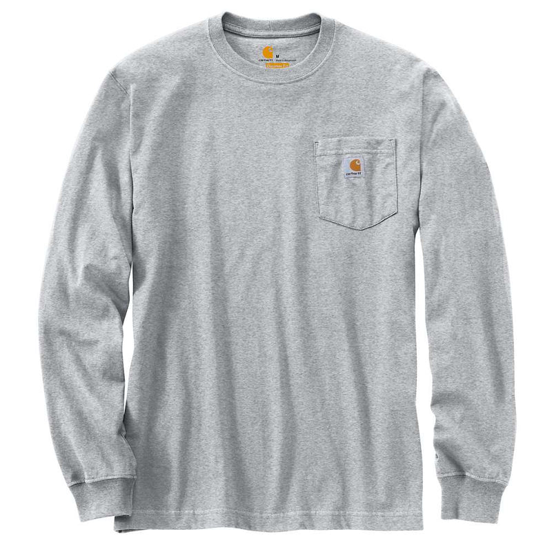 Heather gray colored long sleeve shirt with a chest pocket against a white background. The chest pocket has a Carhartt logo on it. 