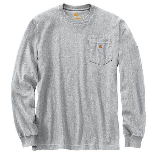 Heather gray colored long sleeve shirt with a chest pocket against a white background. The chest pocket has a Carhartt logo on it. 