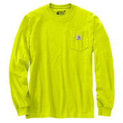 Neon lime green colored long sleeve shirt with a chest pocket against a white background. The chest pocket features a Carhartt logo on it. 