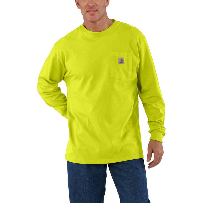 Man wearing a neon green long sleeve shirt with a chest pocket against a white background. The chest pocket features a Carhartt logo on it. 