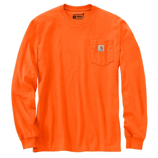 Bright orange long sleeve shirt with a chest pocket against a white background. The chest pocket has a Carhartt logo on it. 