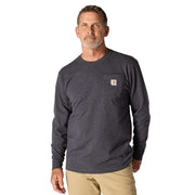Man wearing a long sleeve carbon heather colored shirt against a white background. The shirt has a chest pocket with a Carhartt logo on it. 