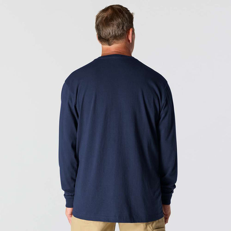 Back view of a man wearing a navy colored long sleeve shirt against a white background. 